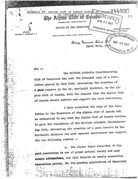 [Photocopied ACC Letter to the Premier of BC advocating for the creation of Garibaldi Park]
