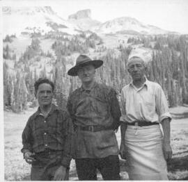 "Harold O'Connor, George Wallis, and Tom Keogh (cook) at a Black Tusk meadows camp, probably 1930"