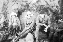 "B.C.M.C. Camp: the first rope lunchtime, below "K.M." Pinnacle, August 1924"