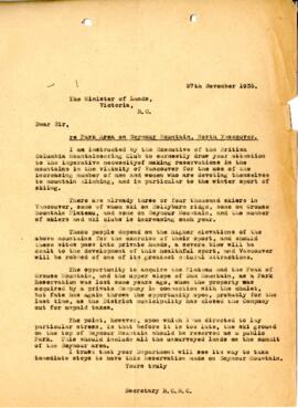 [Letter from the Secretary of the BCMC to the BC Provincial Minister of Lands regarding the creation of a Park Area on Seymour Mountain]