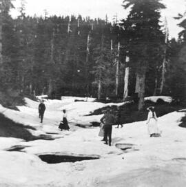 "Party on snow heading for the summit of Grouse Mtn. in July, 1907-1910"