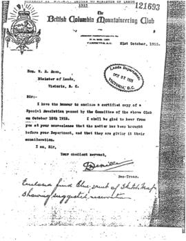 [Letter from the BCMC to the BC Provincial Lands Department regarding the Creation of Garibaldi Park]