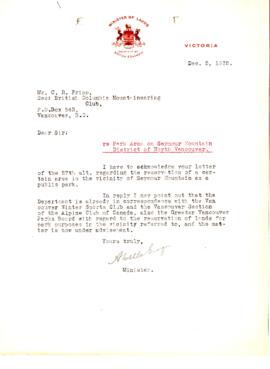 [Letter from the BC Provincial Minister of Lands to the Secretary of the BCMC regarding the creation of a Park Area on Seymour Mountain]
